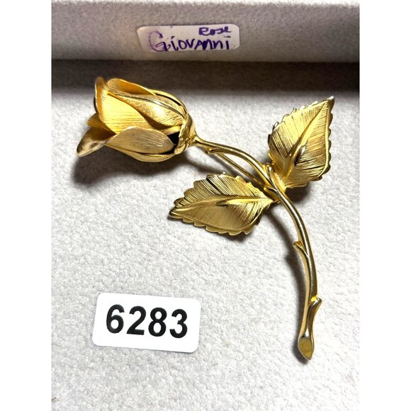 Gold-Tone Giovanni Rose Brooch Pin With Leaf Design - Picture 2 of 7